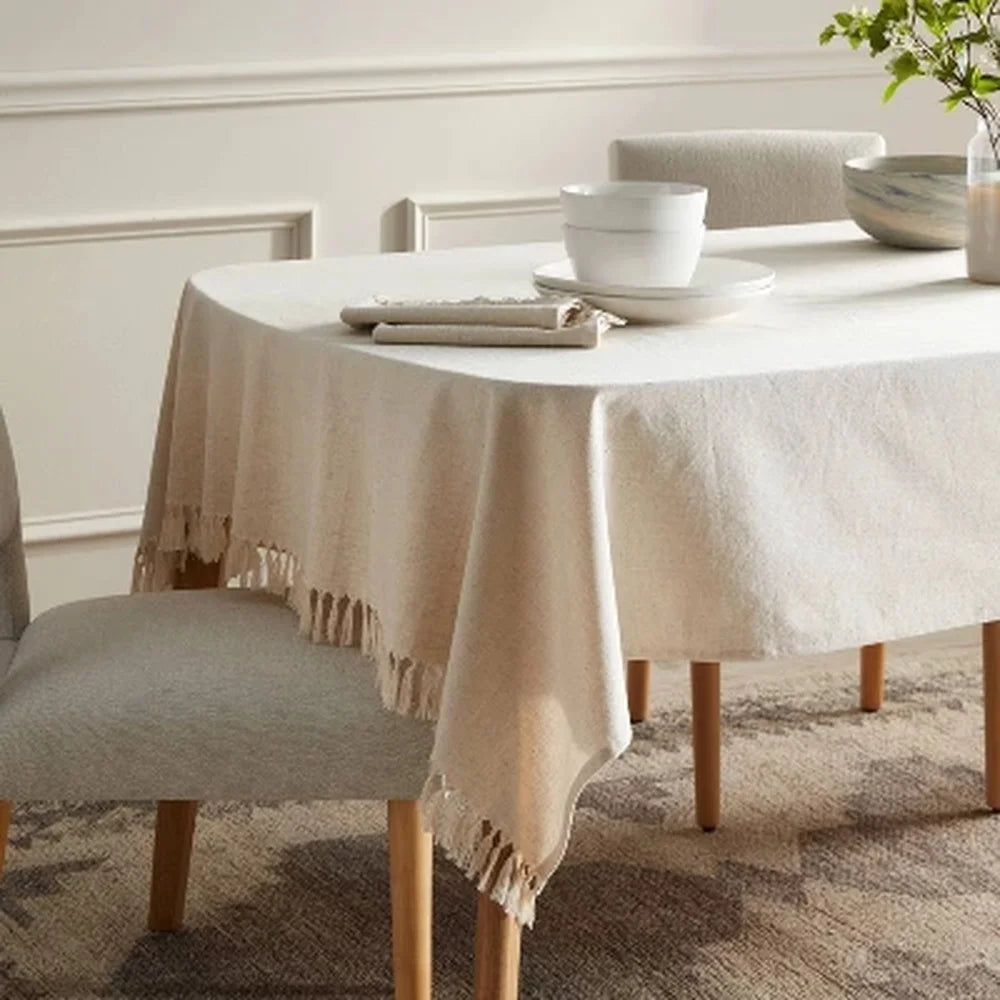 DUTRIEUXCN Cotton Linen Blend Tablecloth With Tassel Accents