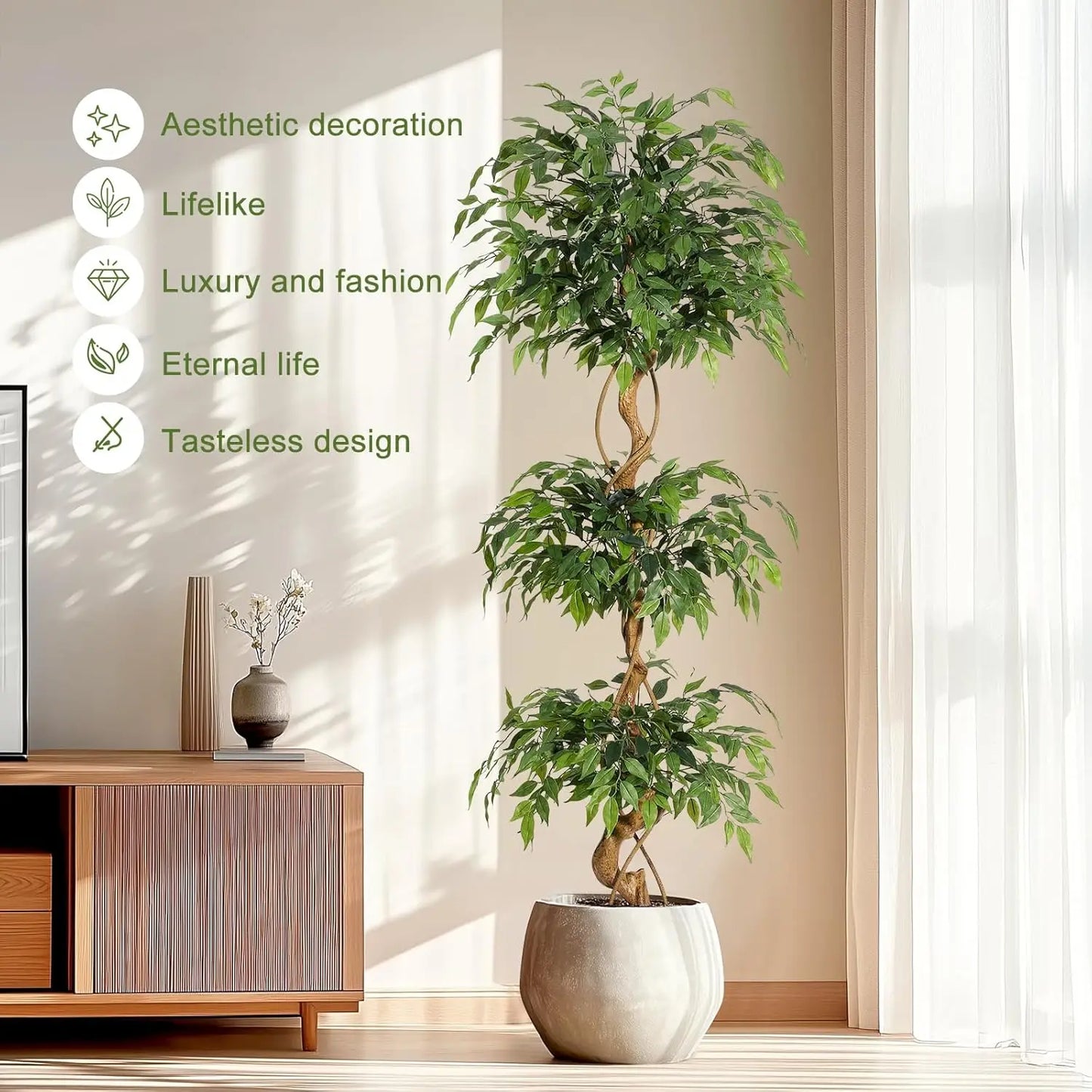TWISTER.CKCN Ficus Tree Artificial Plant In White Pot
