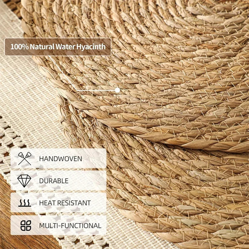 CN Round Woven Placemats Set Boho Rattan Water Hyacinth