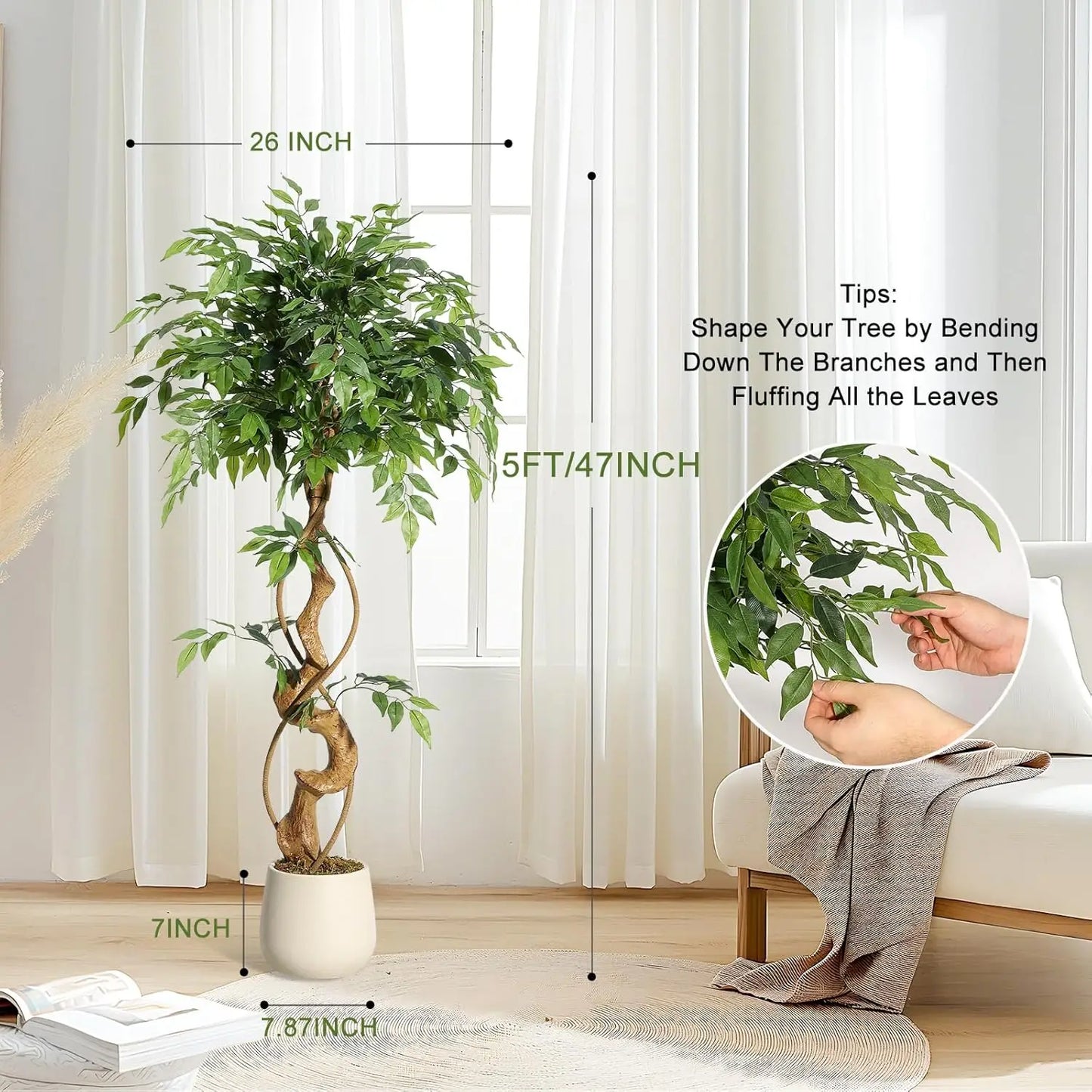 TWISTER.CKCN Ficus Tree Artificial Plant In White Pot