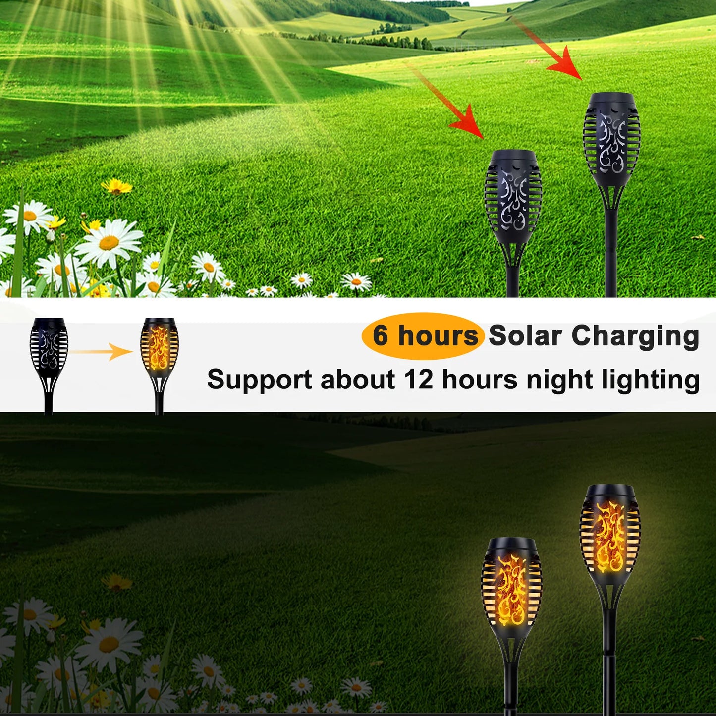 Solar Torch Lights With Flickering Flame Waterproof Outdoor LED