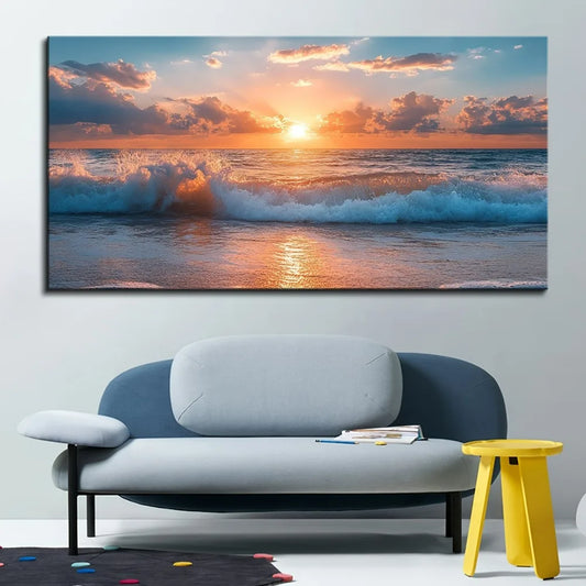 Hign Concerned Pine Wood Frame Ocean Beach Wave Painting