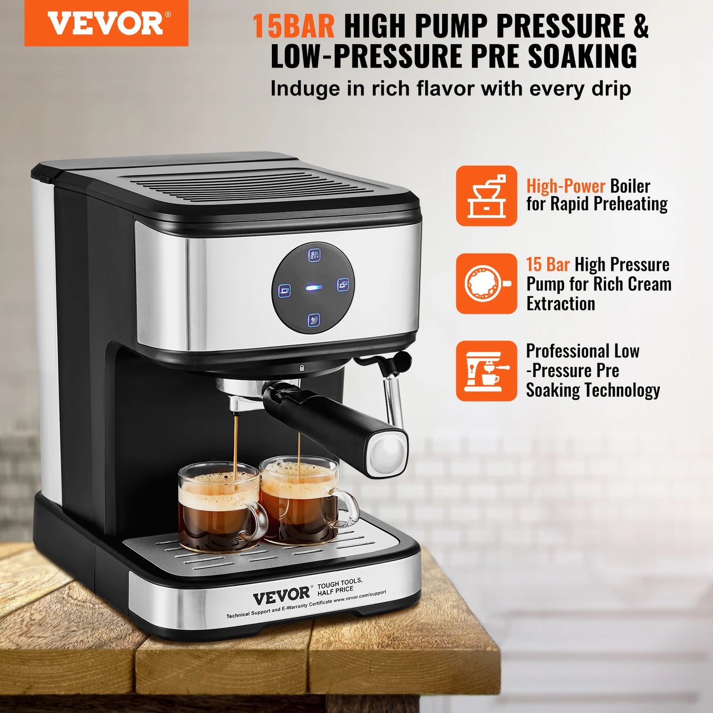 VEVOR Espresso Machine 15 Bar With Milk Frother Steam Wand