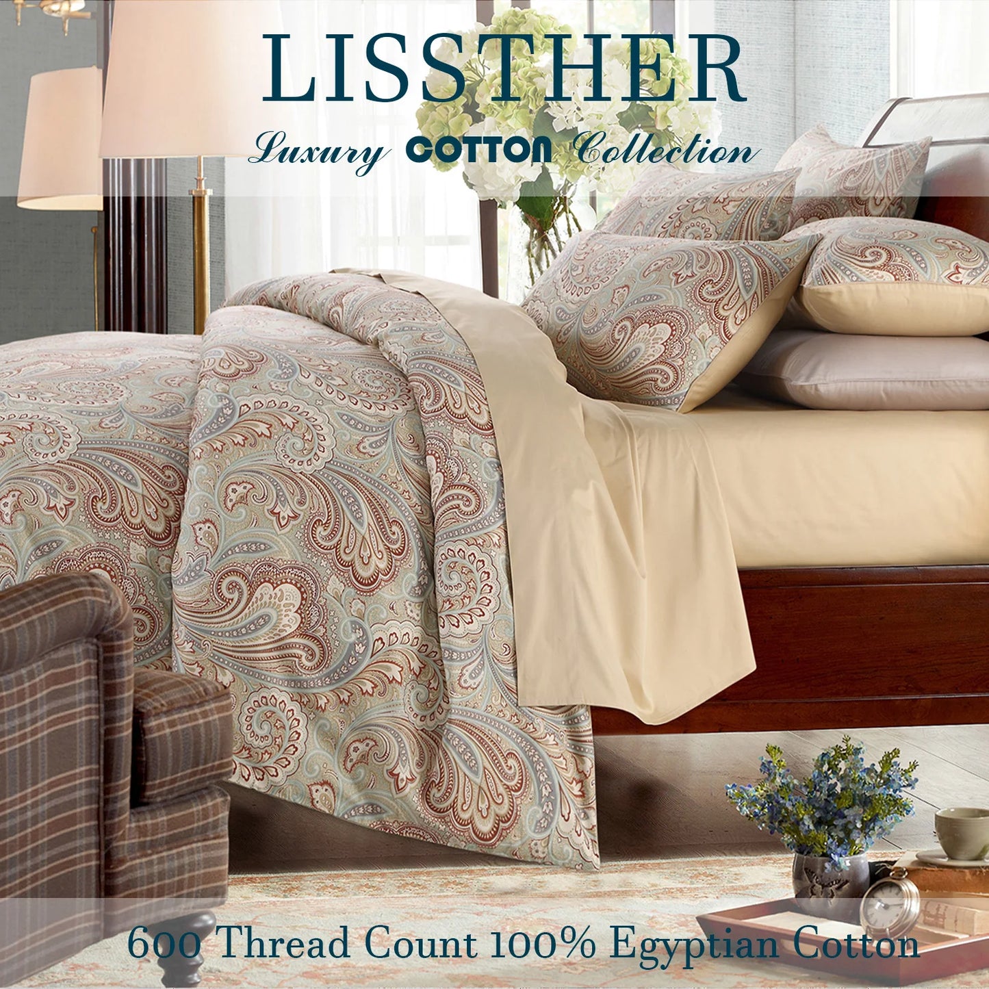 LISSTHERCN 3 Piece Duvet Cover Set 600TC Egyptian Cotton