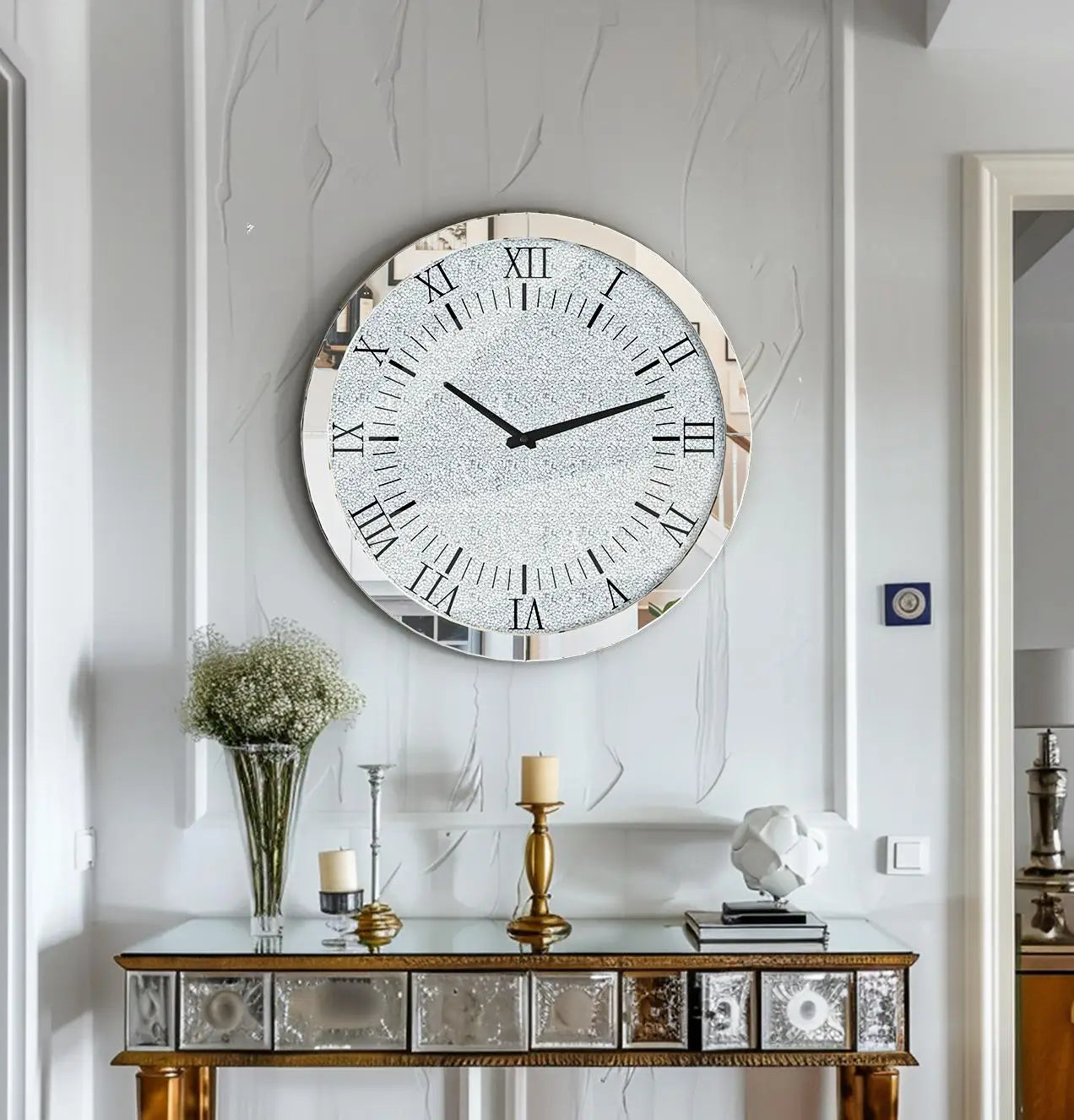 Combination Crystal Mirrored Round Wall Clock Quartz