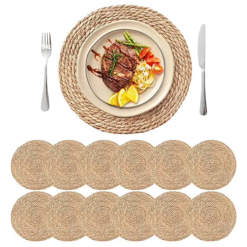 CN Round Woven Placemats Set Boho Rattan Water Hyacinth
