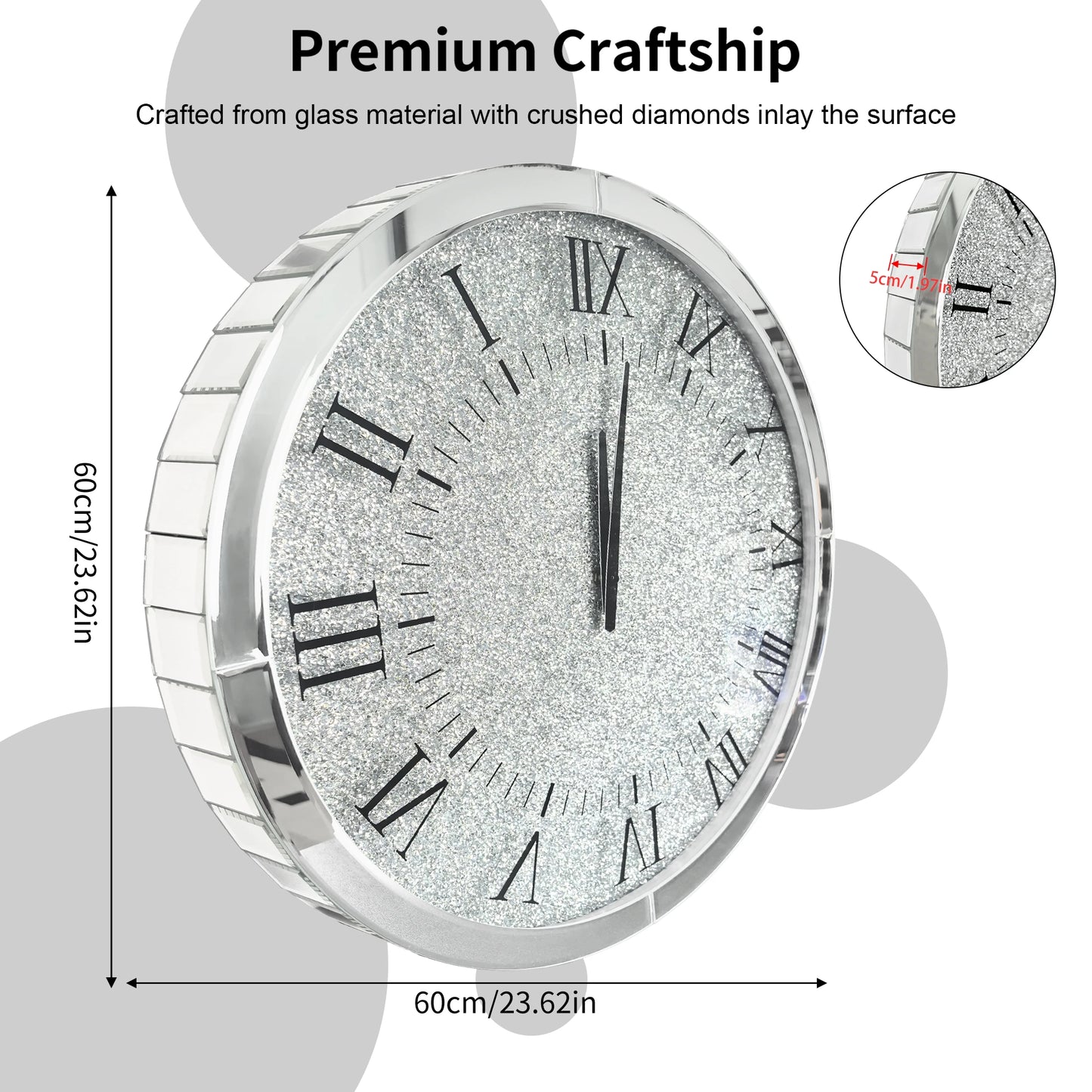 Combination Crystal Mirrored Round Wall Clock Quartz
