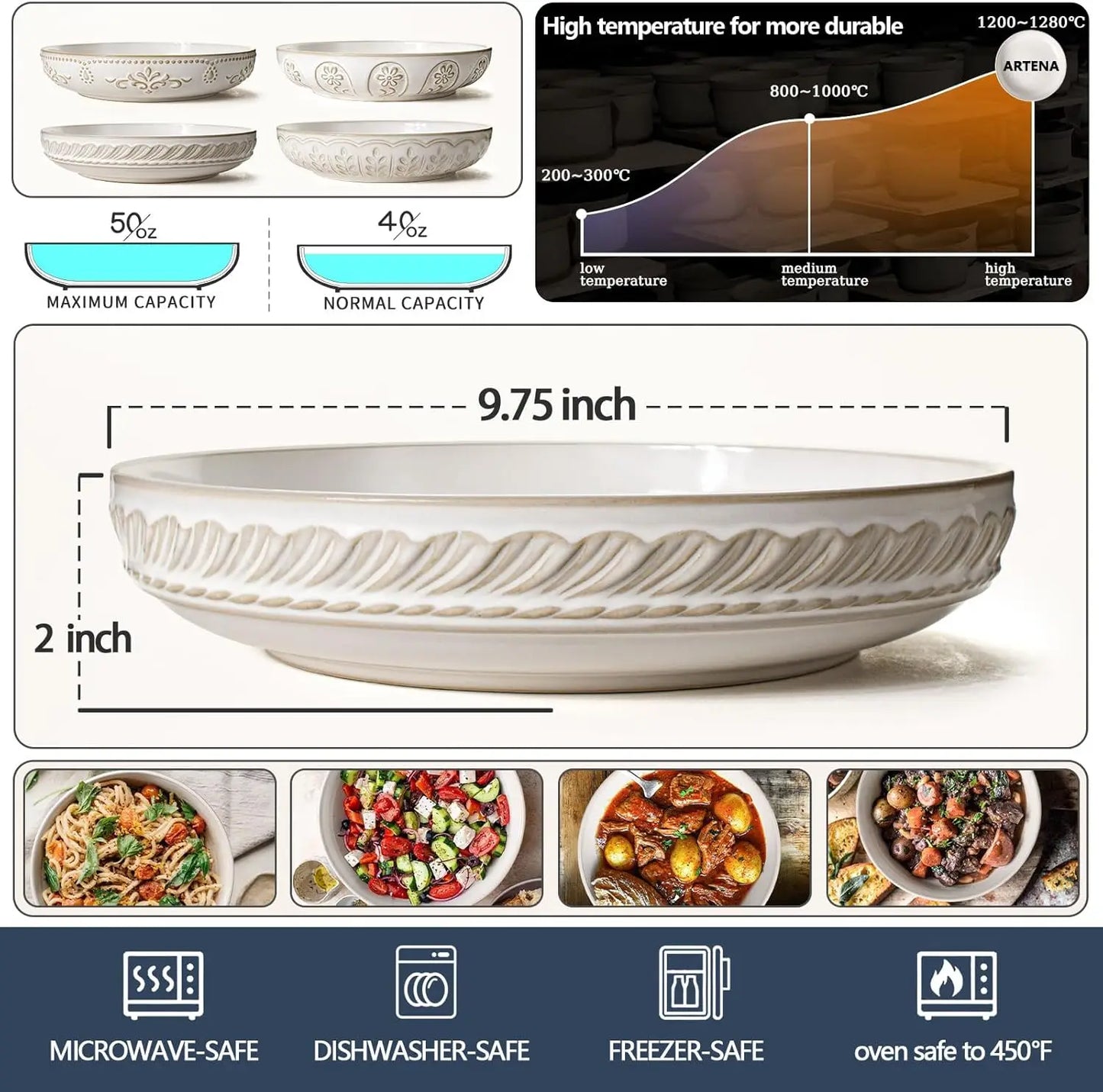 XMSJ Pasta Bowls Set Of 4 Ceramic Soup Bowls Kitchen