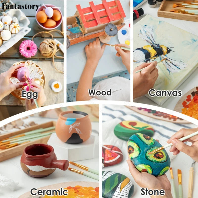 Fantastory Acrylic Paint Set With 12 Brushes For Wood Stone