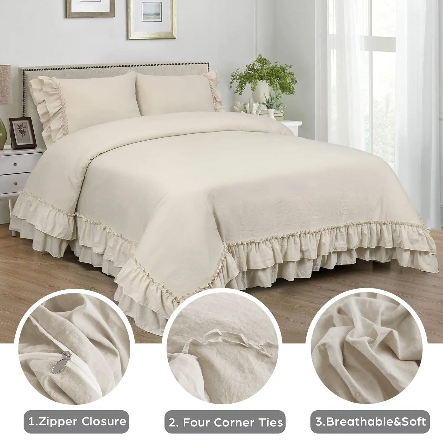 Breez Duvet Cover Set Ruffled Farmhouse Bedding 3 Piece