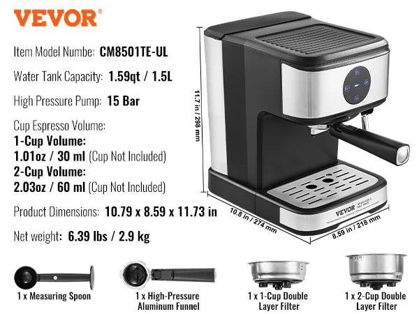 VEVOR Espresso Machine 15 Bar With Milk Frother Steam Wand