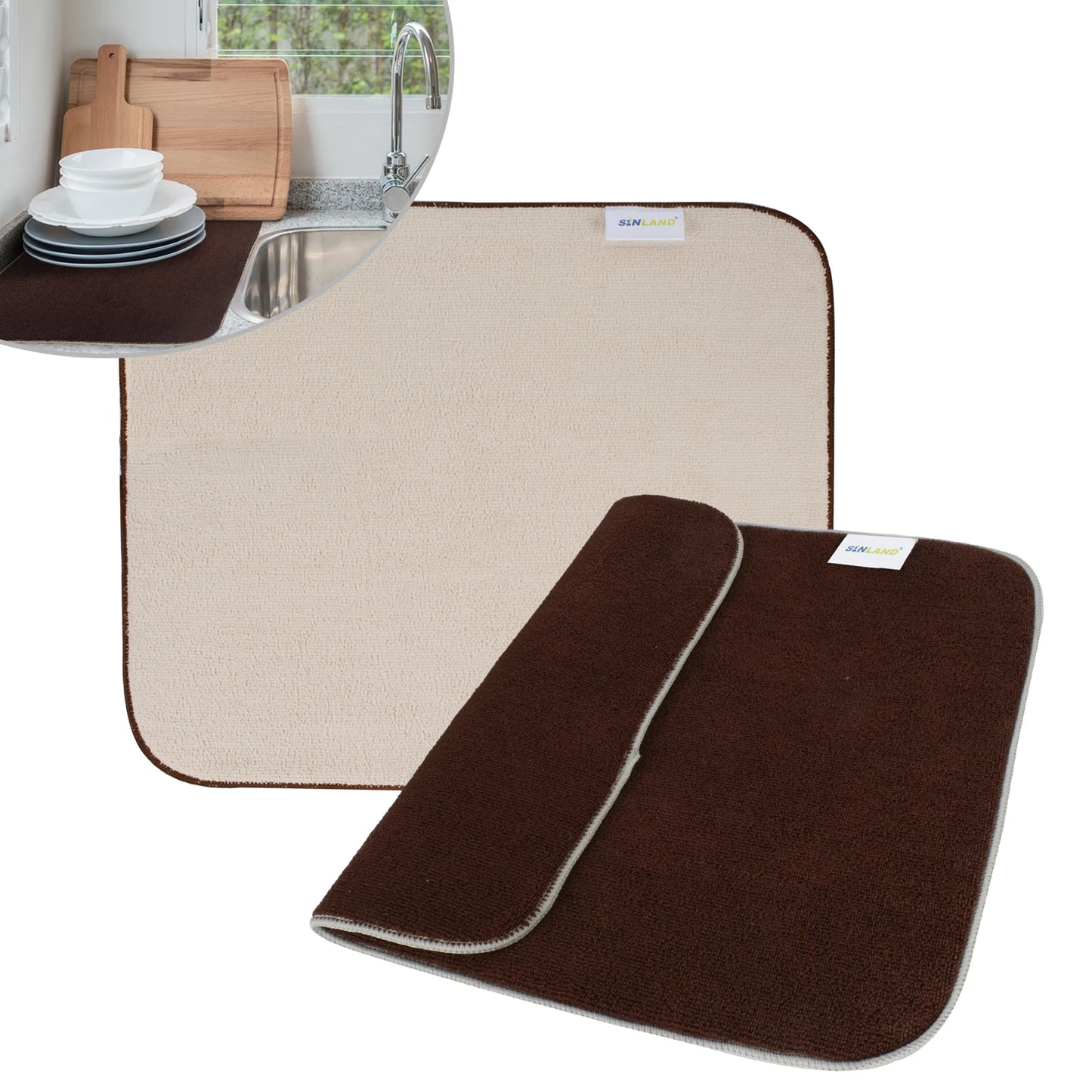 SINLAND Microfiber Dish Drying Mat Ultra Absorbent 2 Pack