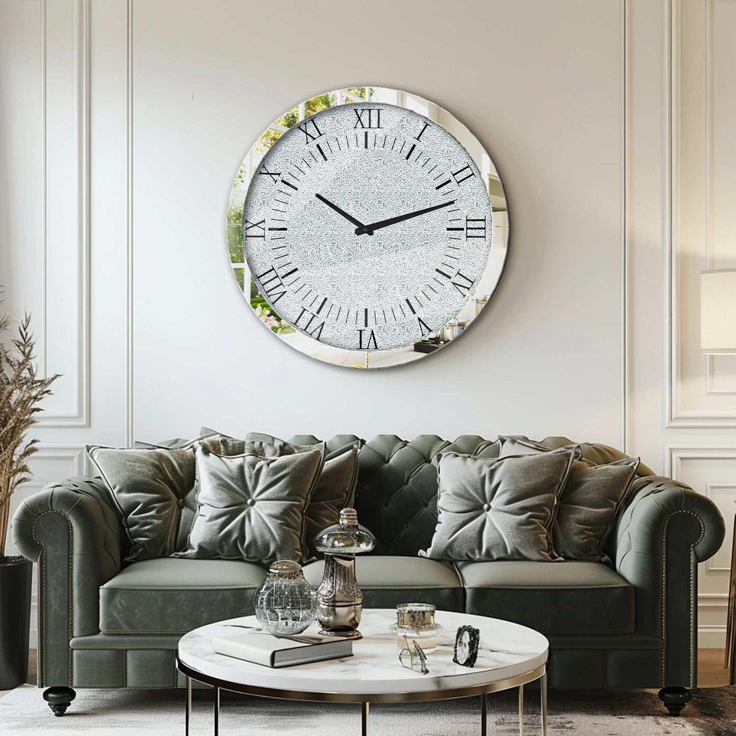 Combination Crystal Mirrored Round Wall Clock Quartz
