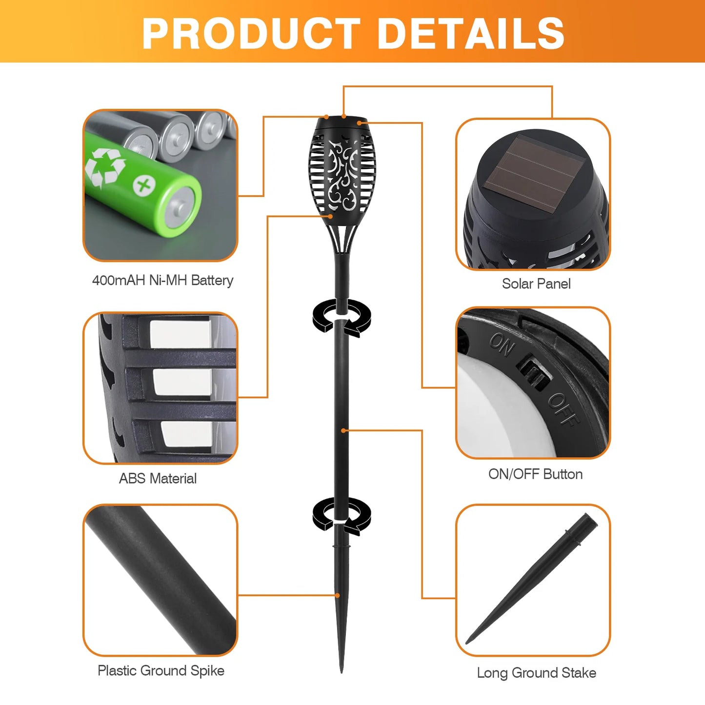 Solar Torch Lights With Flickering Flame Waterproof Outdoor LED