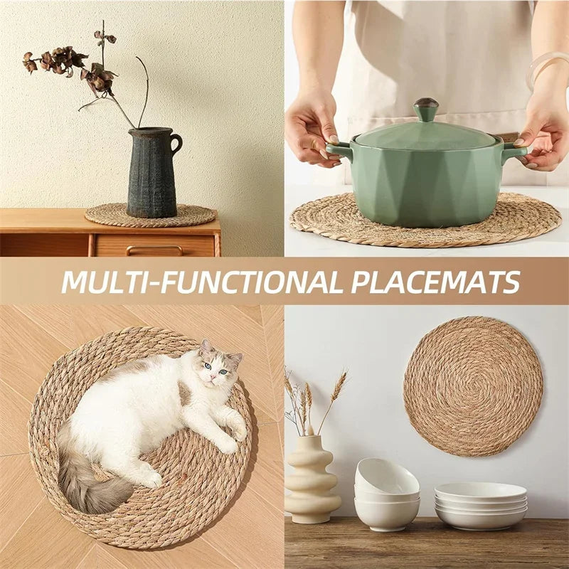 CN Round Woven Placemats Set Boho Rattan Water Hyacinth