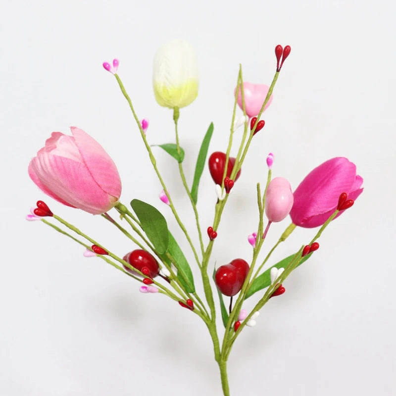 CN Guangdong Valentine Tulip Heart Berry Stems Decor