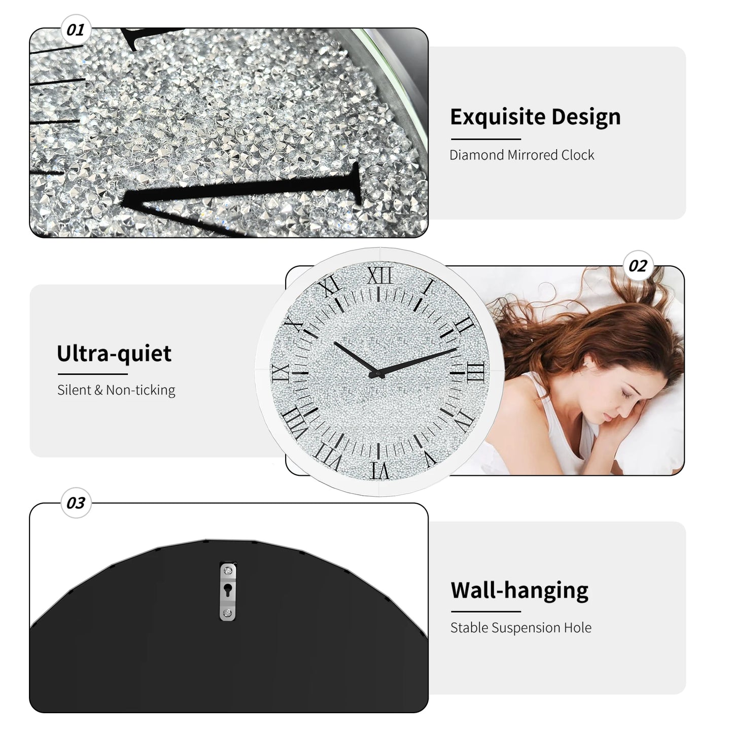 Combination Mirrored Round Wall Clock With Beveled Glass Diamond Design