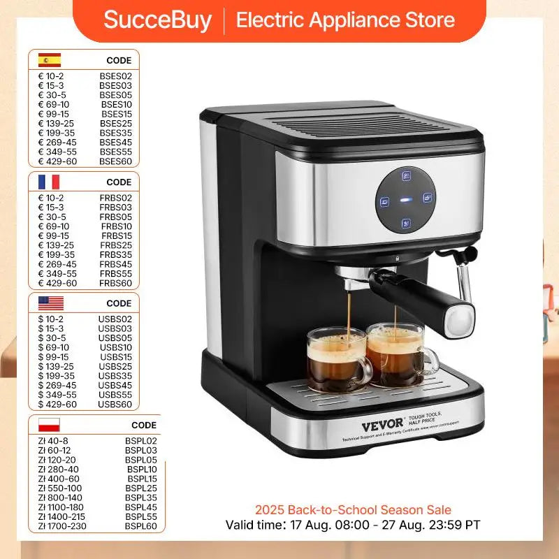 VEVOR Espresso Machine 15 Bar With Milk Frother Steam Wand