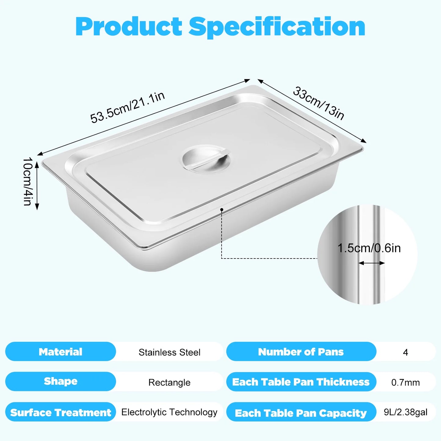 Stainless Steel Table Pans With Lids 4 Pack For Buffet