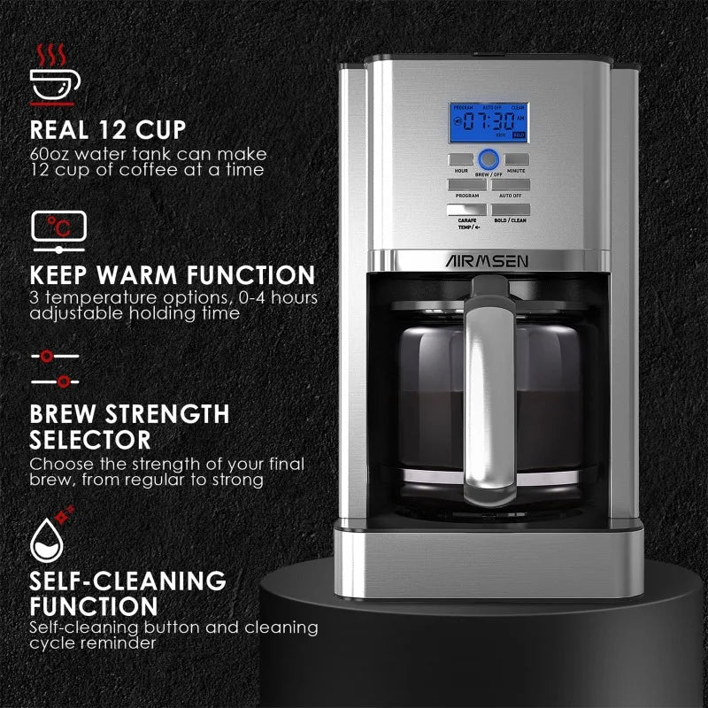 Airmsen 12 Cup Stainless Steel Programmable Coffeemaker