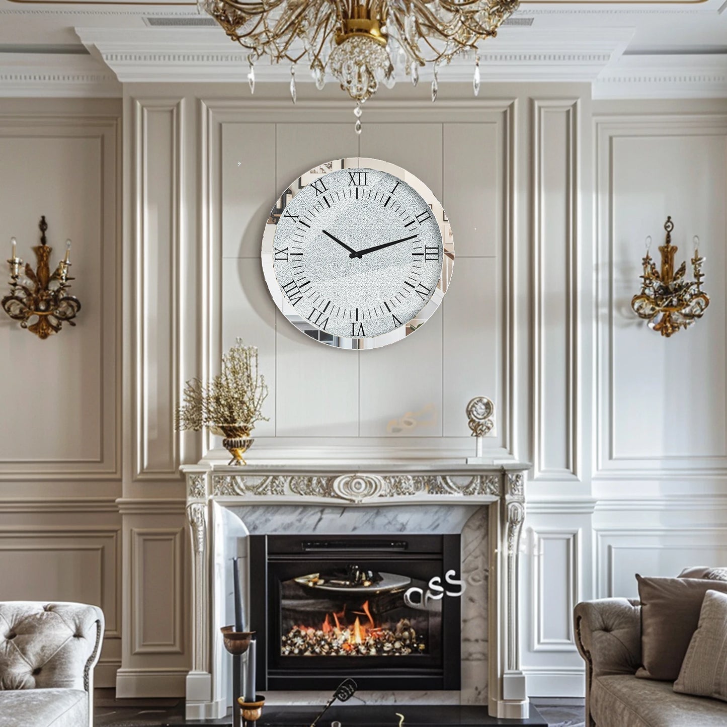 Combination Crystal Mirrored Round Wall Clock Quartz