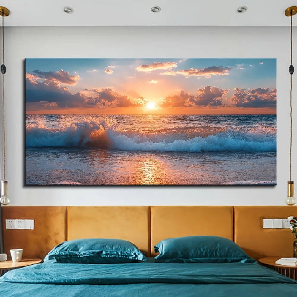 Hign Concerned Pine Wood Frame Ocean Beach Wave Painting