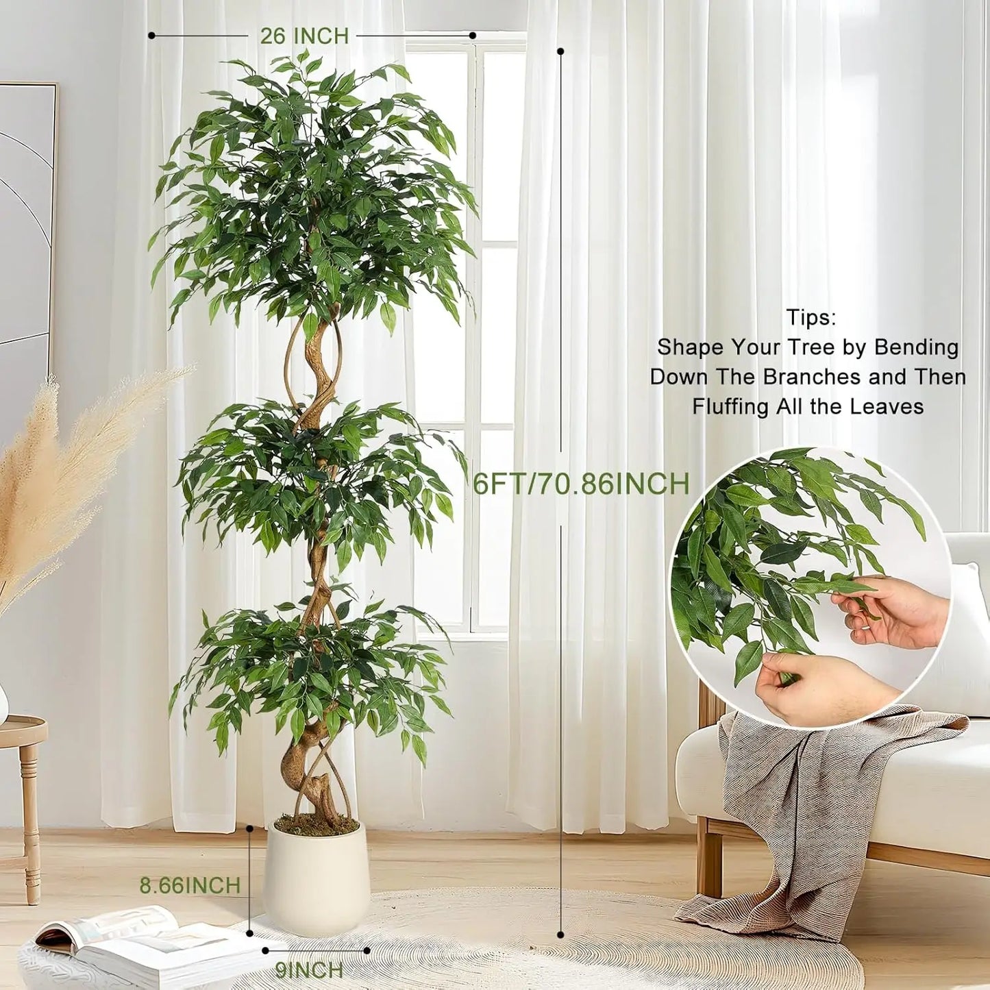 TWISTER.CKCN Ficus Tree Artificial Plant In White Pot