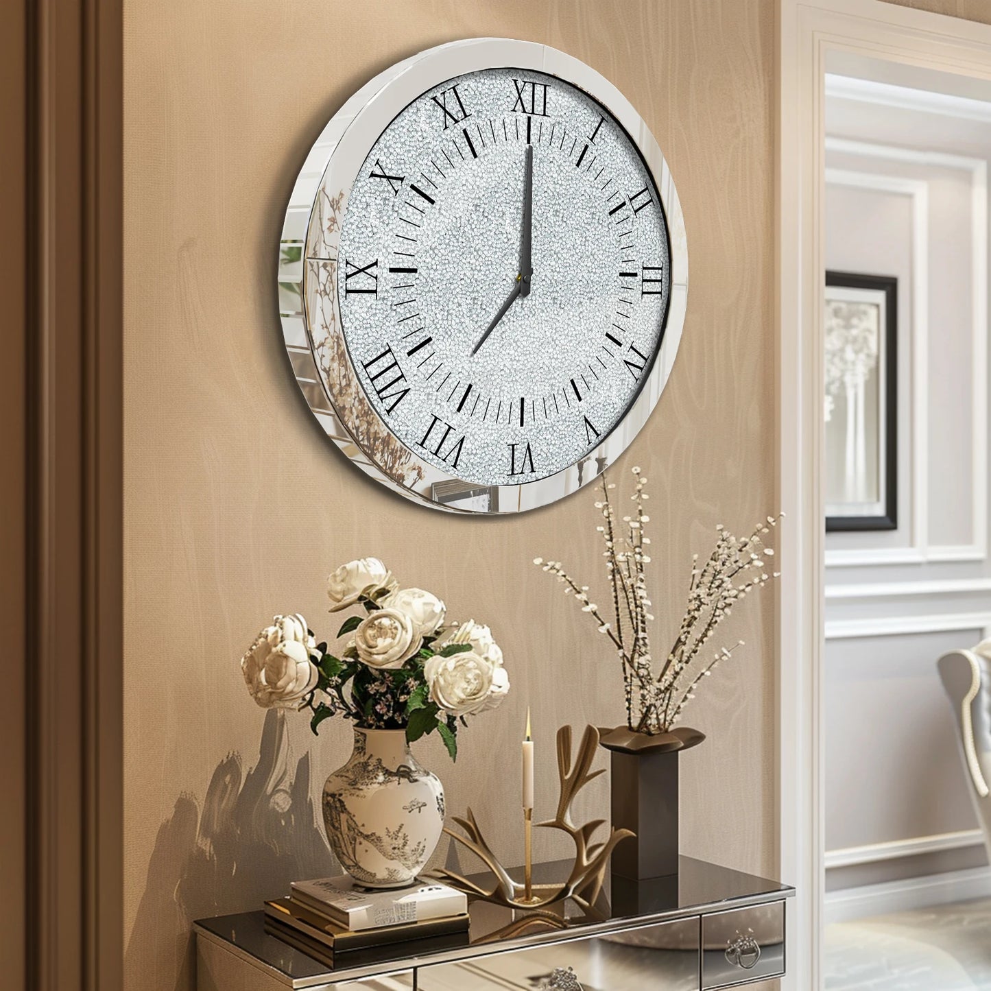 Combination Crystal Mirrored Round Wall Clock Quartz
