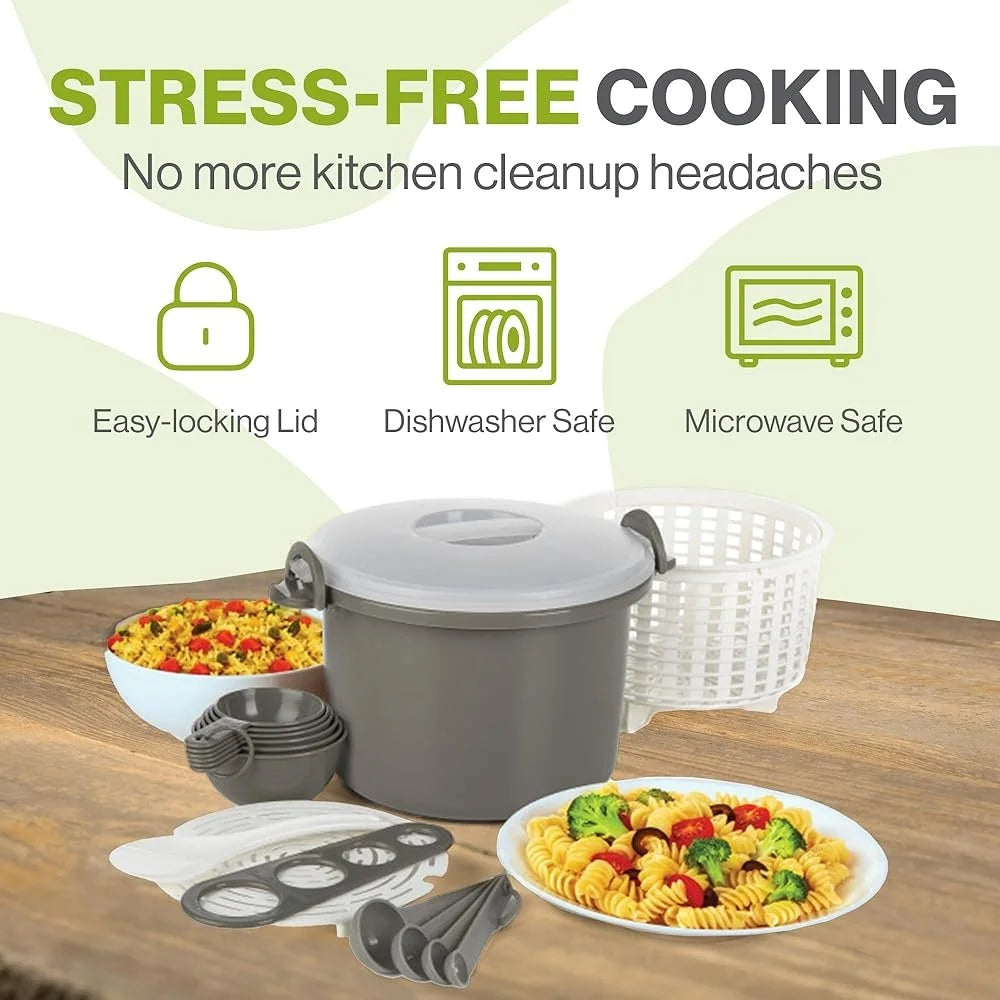 XMSJ Microwave Rice And Pasta Cooker 17 Piece Locking Lid
