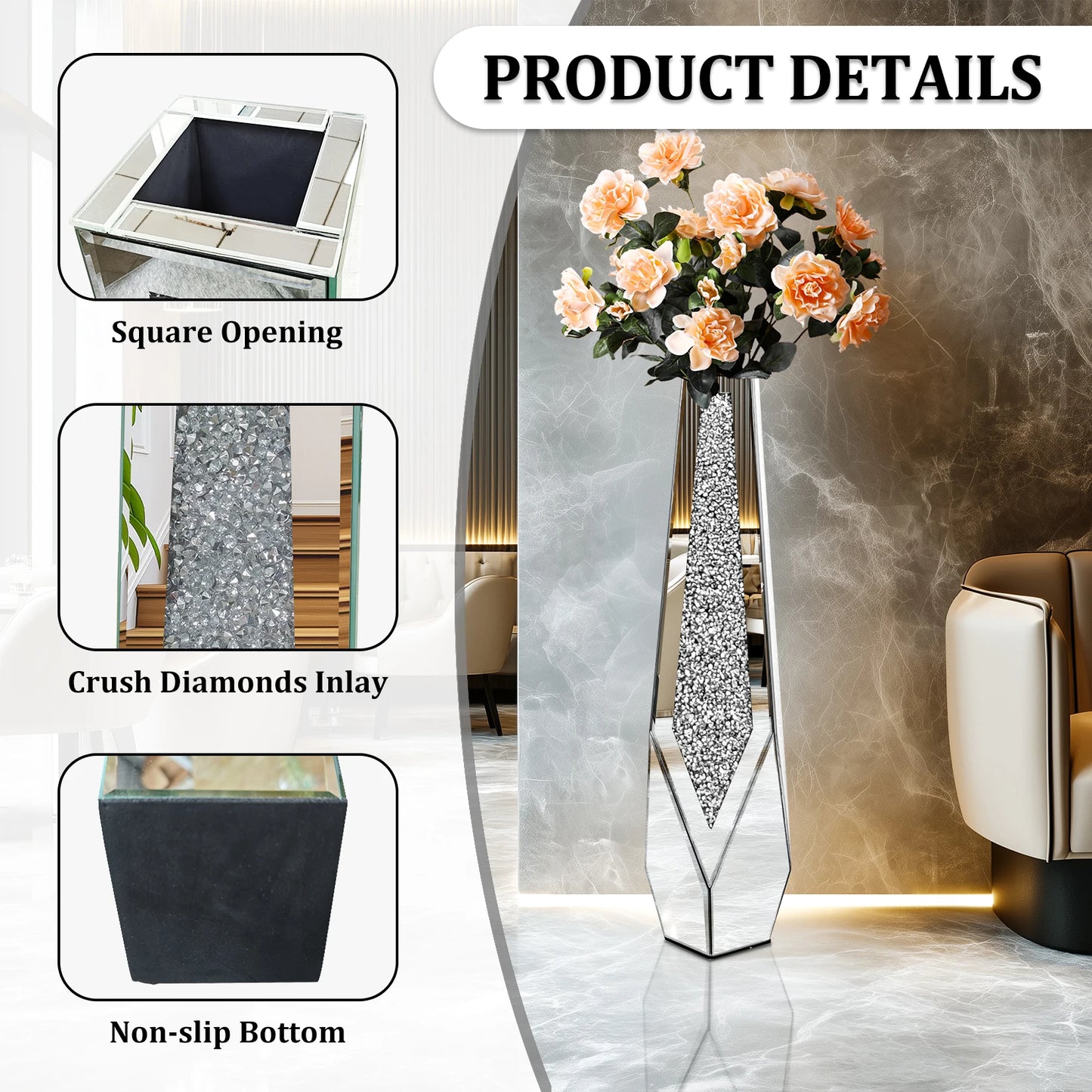 Function Floor Mirror Vase With Crushed Diamond Glass