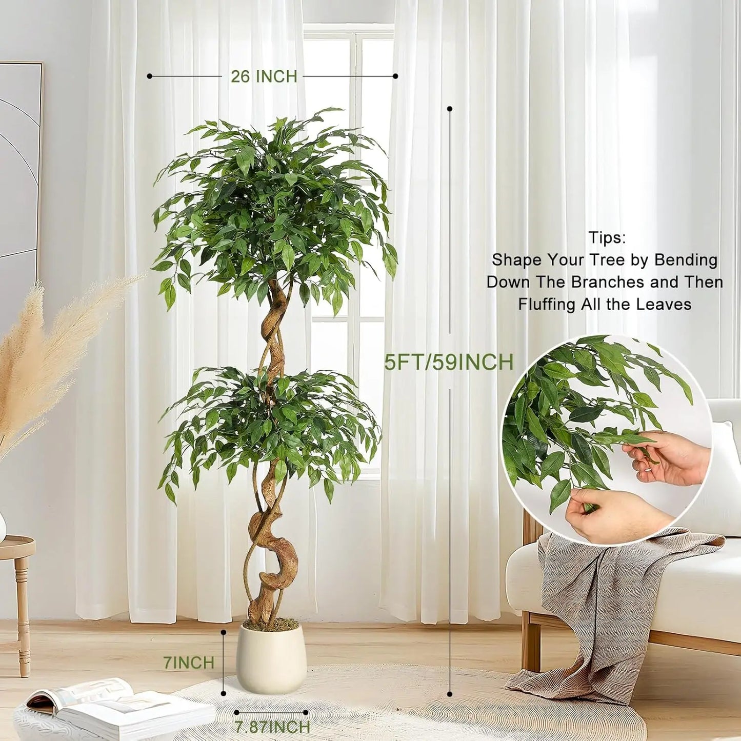 TWISTER.CKCN Ficus Tree Artificial Plant In White Pot