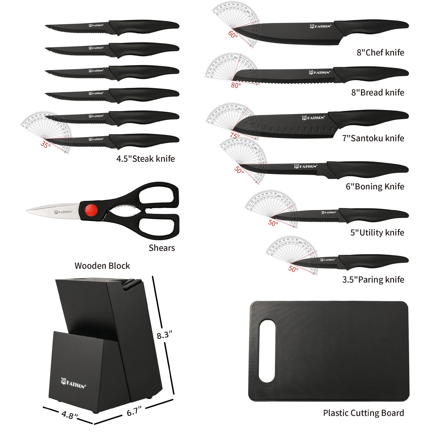 Katisun Carbon Steel Knife Block Set With Sharpener
