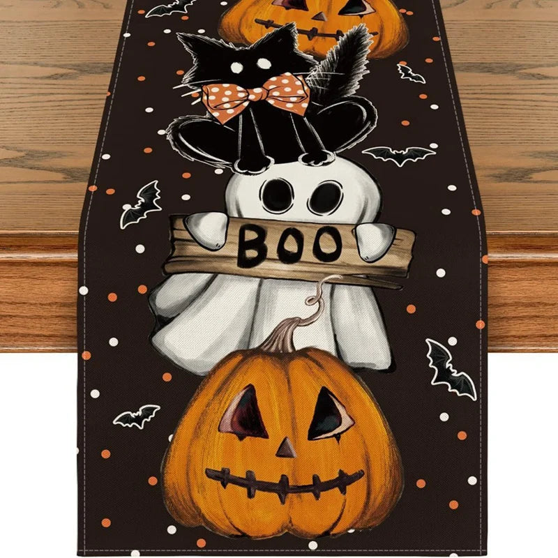 Guangdong Halloween Linen Table Runner Ghost Pumpkin Boo