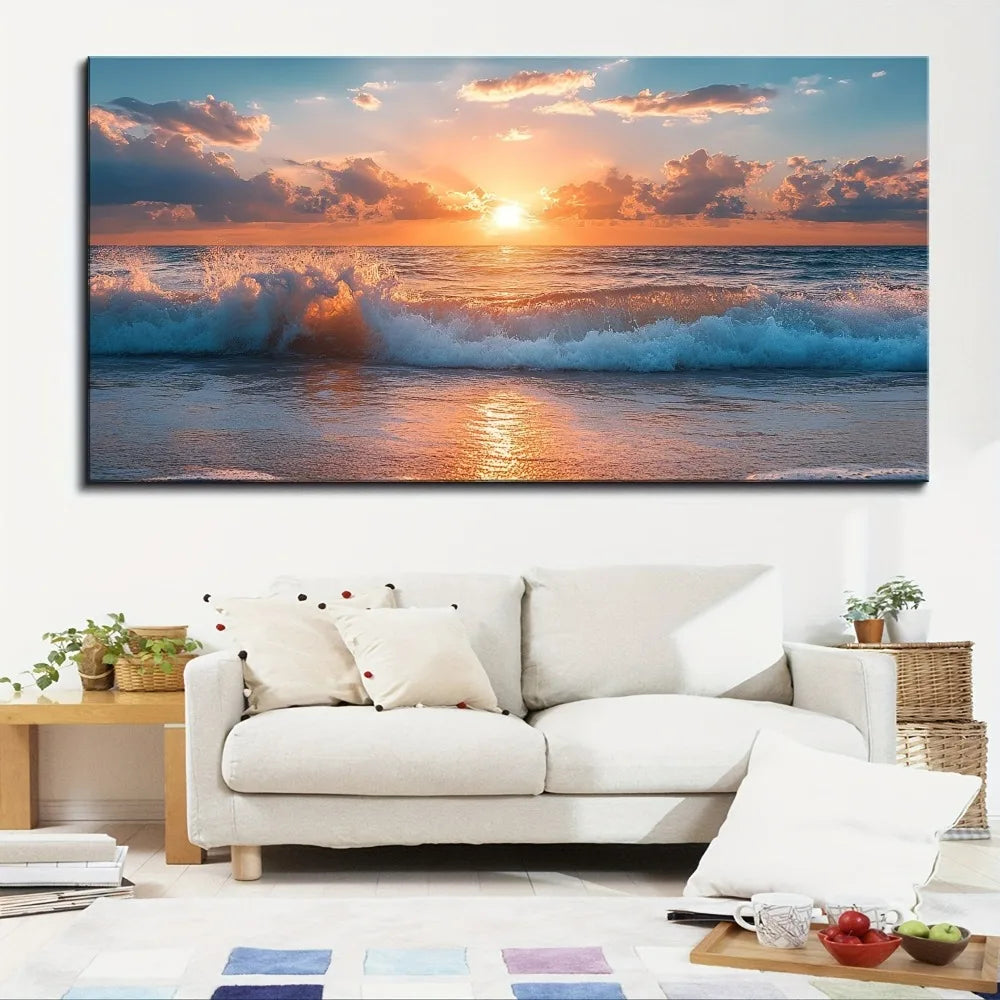 Hign Concerned Pine Wood Frame Ocean Beach Wave Painting