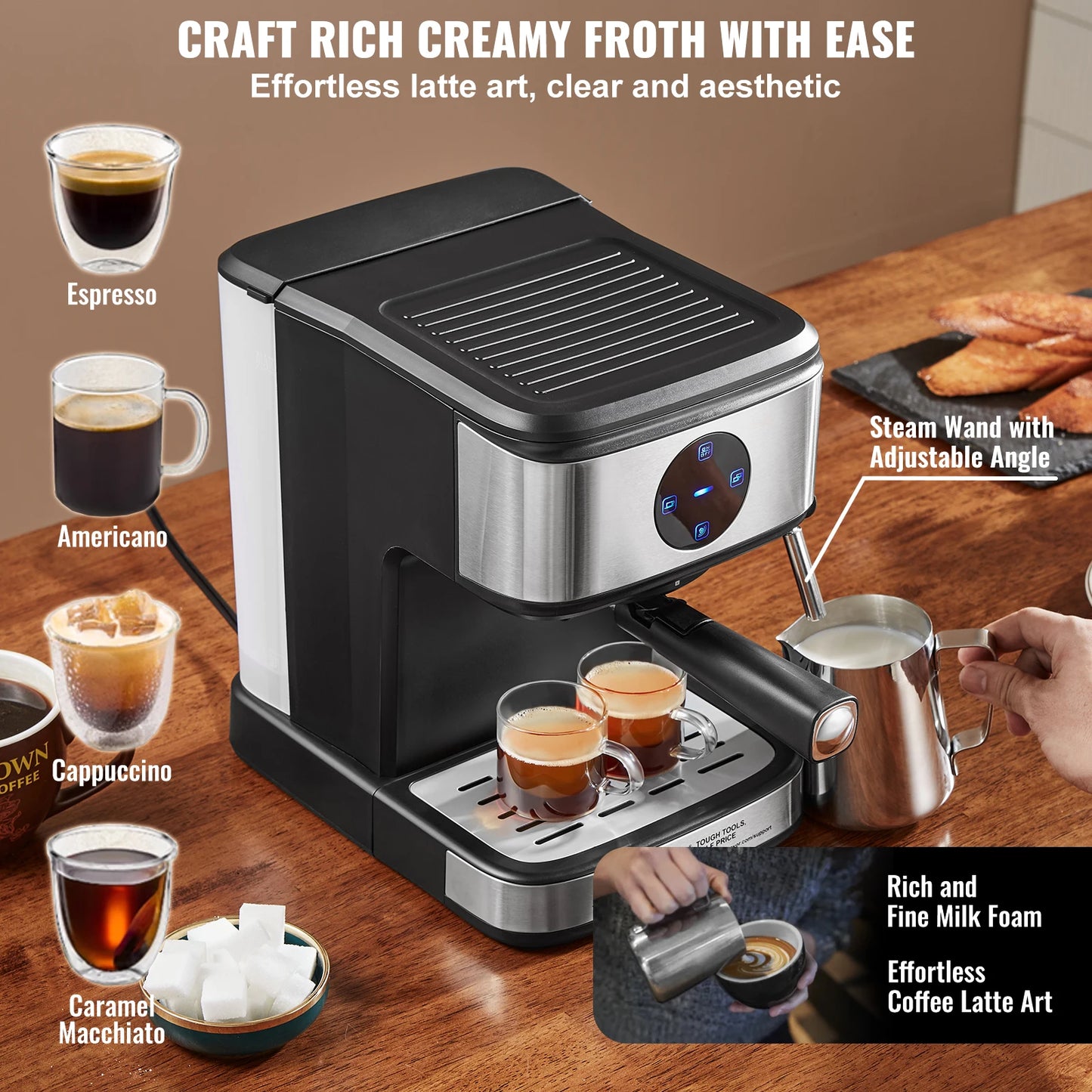 VEVOR Espresso Machine 15 Bar With Milk Frother Steam Wand
