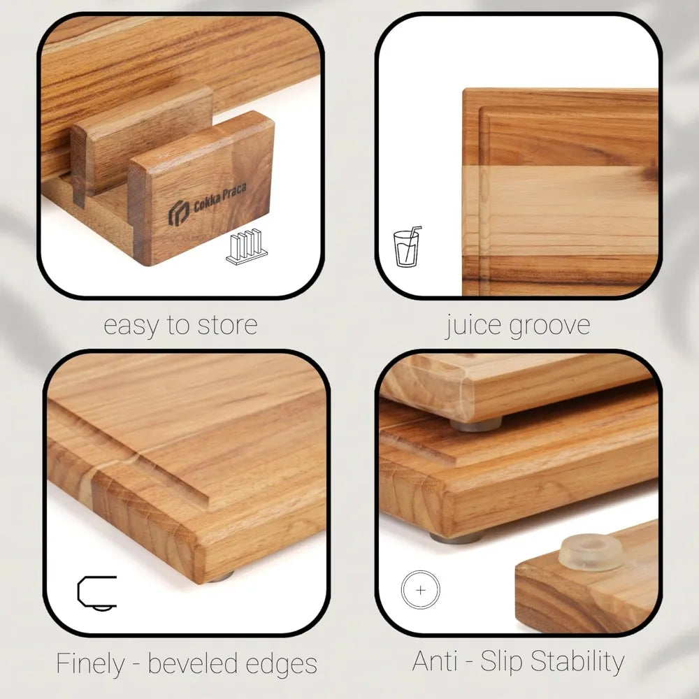 Teak Cutting Board Set With Stand Three Piece Durable Wood