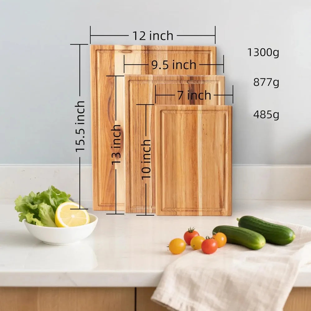 Teak Cutting Board Set With Stand Three Piece Durable Wood