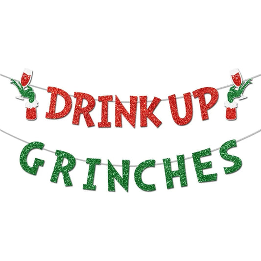 Drink Up Grinches Banner Glittery Christmas Decorations Garland Photo Props