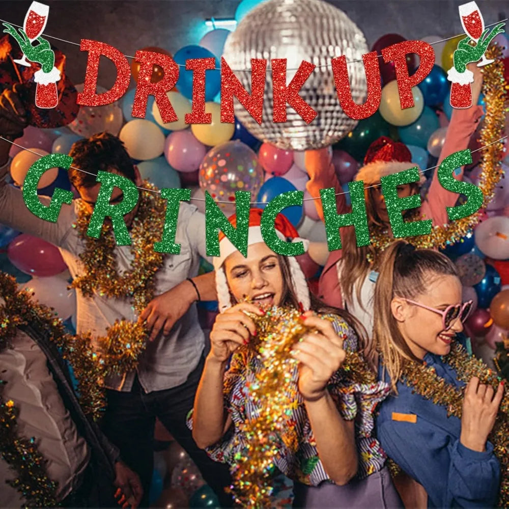 Drink Up Grinches Banner Glittery Christmas Decorations Garland Photo Props