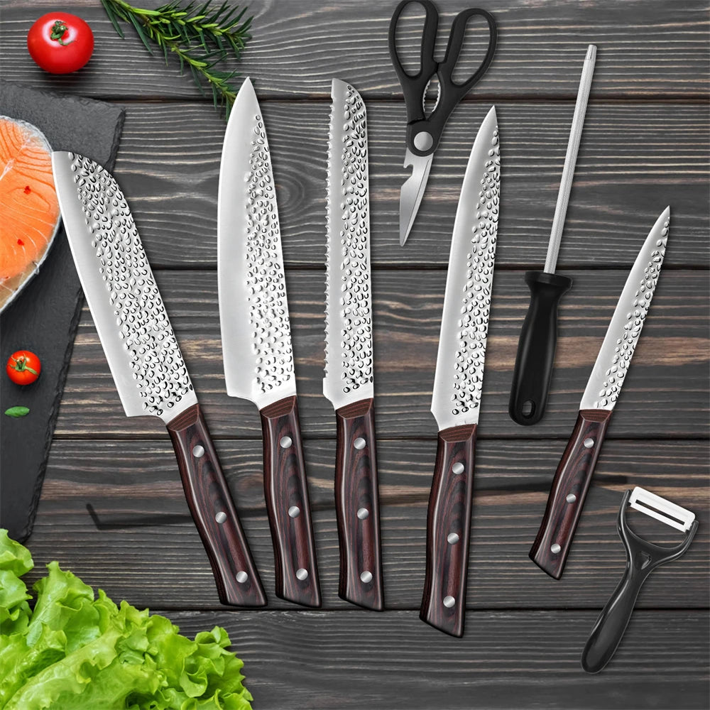 Ruiguan 8 Piece Kitchen Knife Set Santoku Hammer Pattern