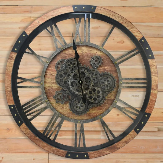 Industrial Vintage Gear Wall Clock With Moving Gears Rustic Farmhouse