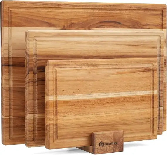 Teak Cutting Board Set With Stand Three Piece Durable Wood