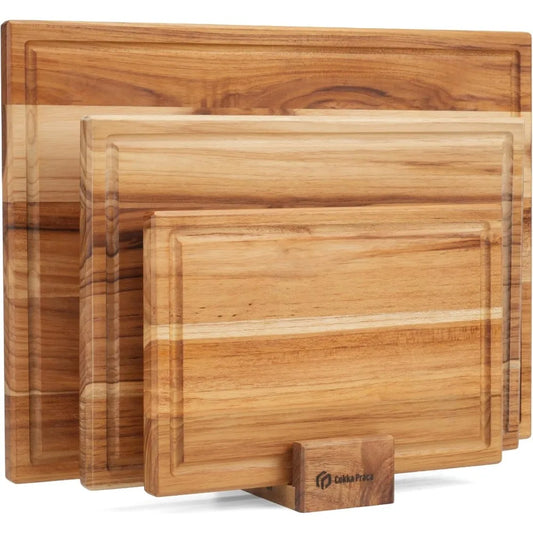 Teak Cutting Board Set With Stand Three Piece Durable Wood