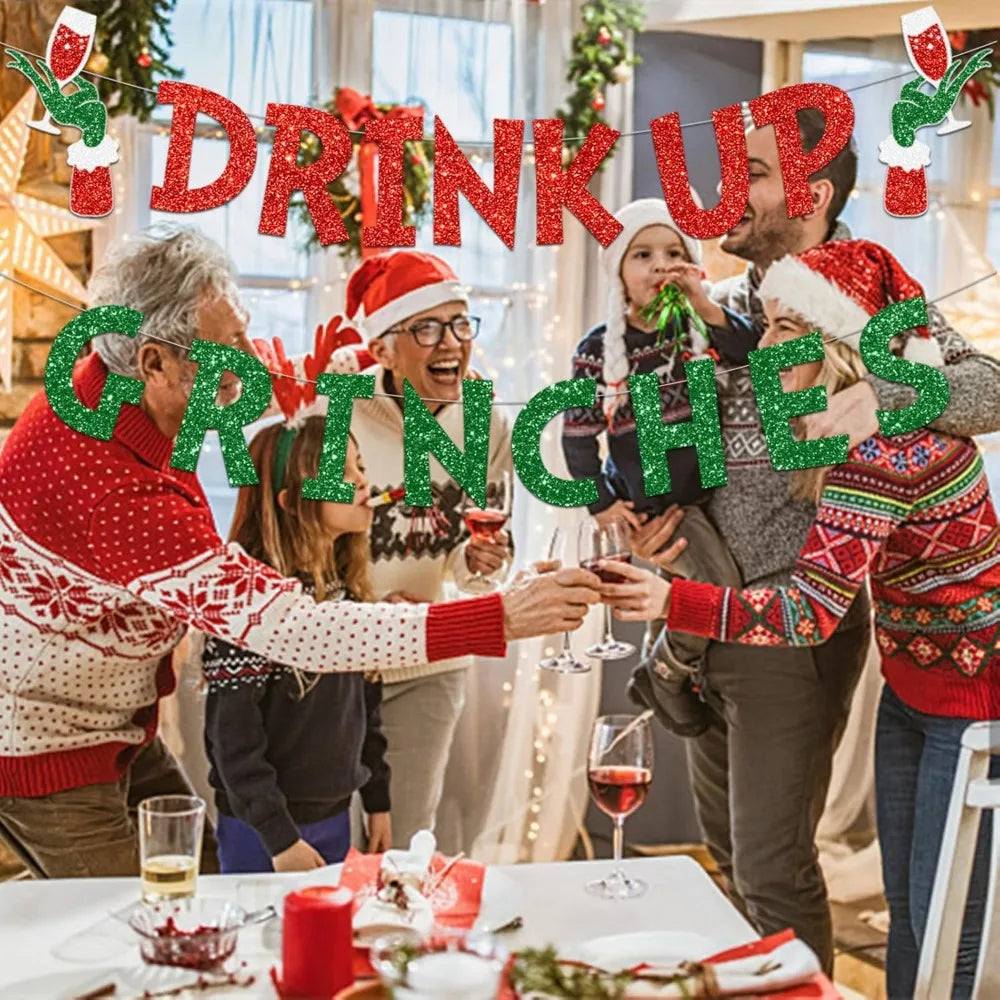 Drink Up Grinches Banner Glittery Christmas Decorations Garland Photo Props