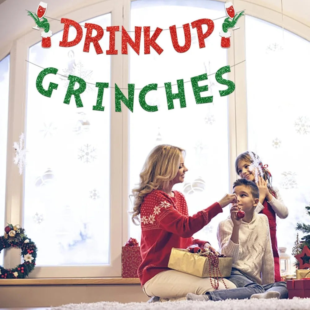 Drink Up Grinches Banner Glittery Christmas Decorations Garland Photo Props
