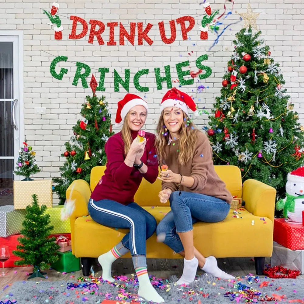 Drink Up Grinches Banner Glittery Christmas Decorations Garland Photo Props