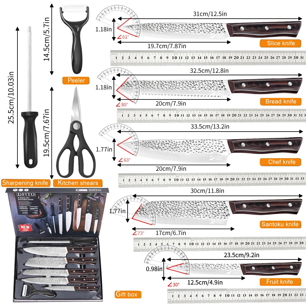 Ruiguan 8 Piece Kitchen Knife Set Santoku Hammer Pattern