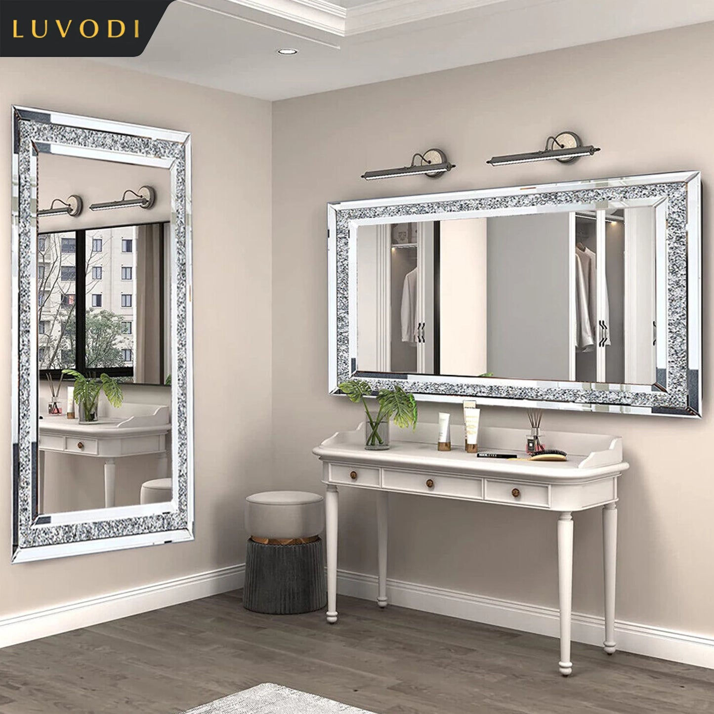 LUVODI Sparkling Crystal Rhinestone Frameless Vanity Mirror Wall Mounted