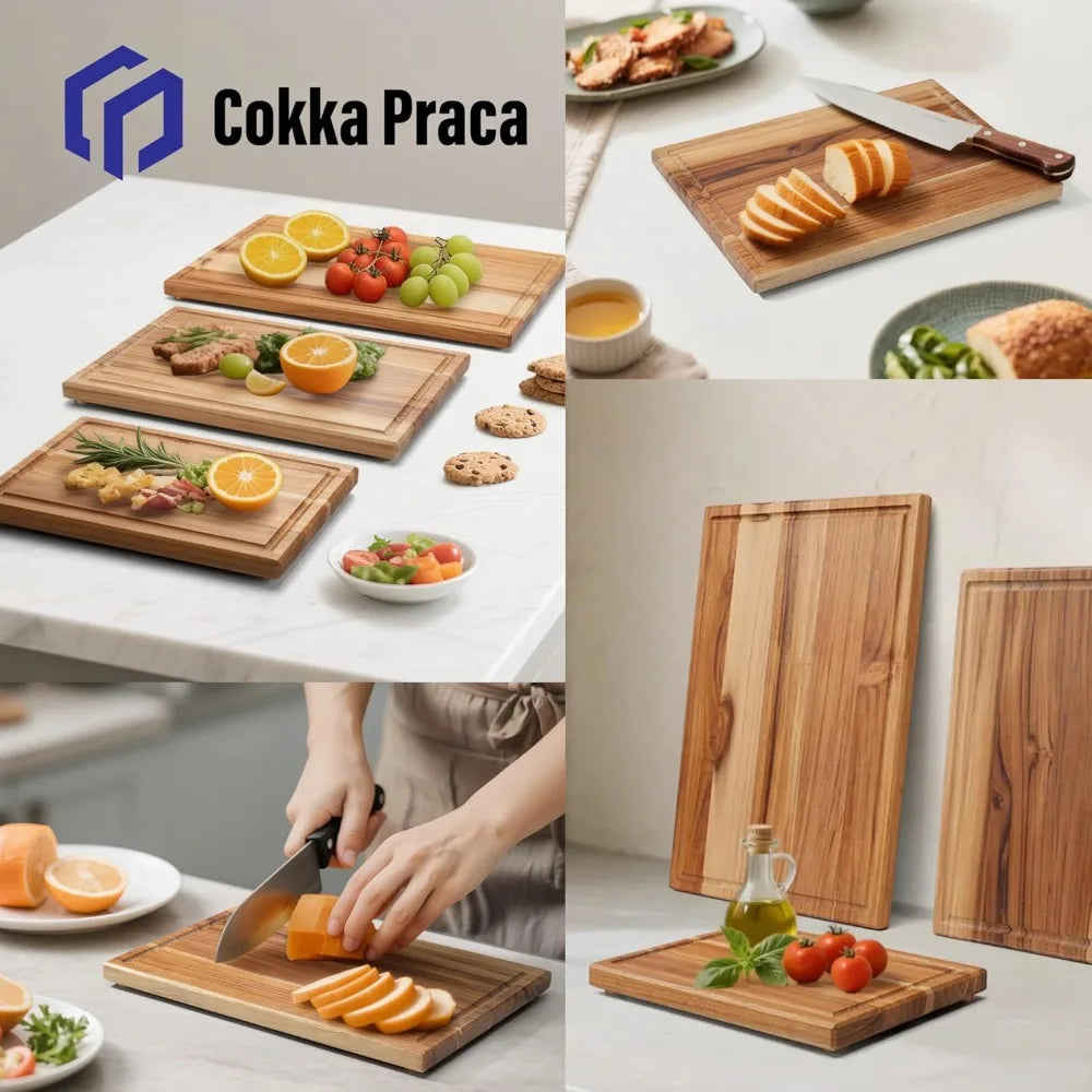 Teak Cutting Board Set With Stand Three Piece Durable Wood